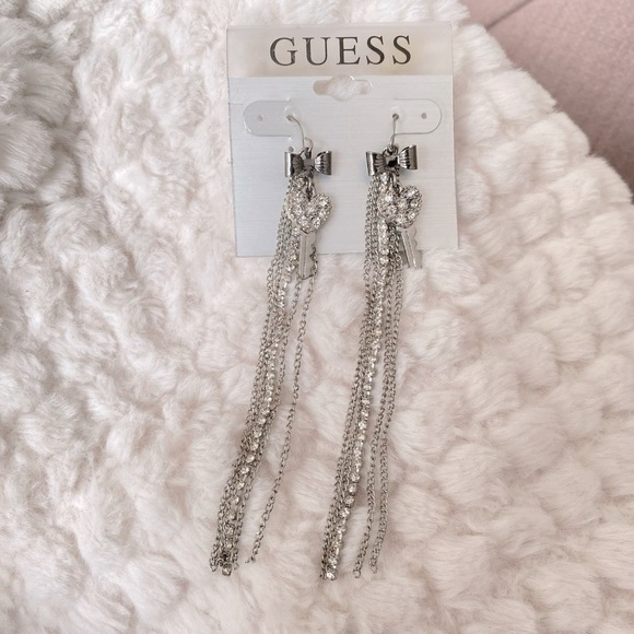 Guess Silver Tone Long Tassel Bow Drop Earrings NWT - Picture 5 of 6